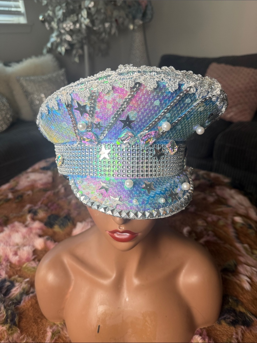 Iridescent Sequin Embellished Women's Captain Hat